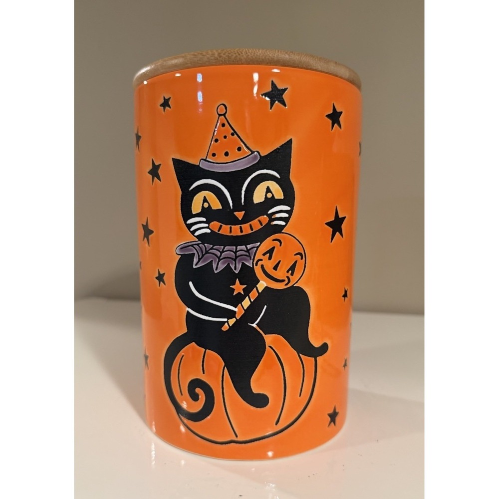 HALLOWEEN BLACK CAT CANISTER BY ELI & ANA. 7 1/4"TALL BY 5" WIDE